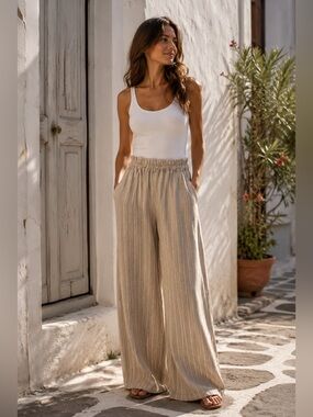 GIUSY Made in Italy Linen Wide Leg Pants Striped Elastic Waist Small